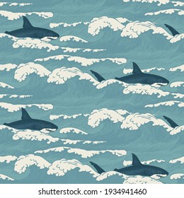 Vector seamless pattern with hand-drawn waves and sharks. Illustration of the sea or ocean, stormy waves with breakers of seafoam and a passing school of sharks. Repeating background in retro style