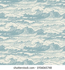 Vector seamless pattern with hand-drawn waves. Decorative illustration of the sea or ocean, stormy waves with breakers of sea foam. Repeating background in retro style