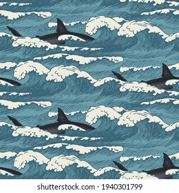 Vector seamless pattern with hand-drawn waves and sharks in retro style. Decorative repeating illustration of sea or ocean, blue storm waves with sea foam and passing killer whales