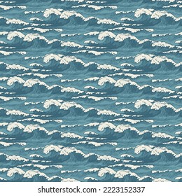 Vector seamless pattern with hand-drawn waves in retro style. Decorative repeating illustration of sea or ocean, blue storm waves with breakers of seafoam