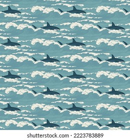 Vector seamless pattern with hand-drawn waves and sharks in retro style. Decorative repeating illustration of sea or ocean, storm waves with sea foam and passing killer whales