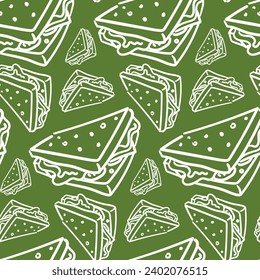 Vector seamless pattern with hand-drawn white linear sandwiches on green. Food design elements, ideal for any business related to the food industry. Printing on textiles and paper. packaging products