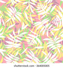 Vector seamless pattern with hand-drawn white, green, yellow, purple branches with leaves on a pink background