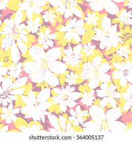 Vector seamless pattern with hand-drawn white, yellow, purple flowers on a pink background