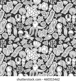 Vector seamless pattern with handmade sea inhabits . Doodle style.