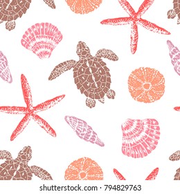 Vector seamless pattern with handmade sea inhabits. Grunge style. Starfish, shells, little turtle. Aloha hawaii.