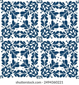 Vector seamless pattern of hand-painted traditional illustrations with blue Mediterranean tiles on a white backdrop. This design can be used for such as printing and would look great as a background.