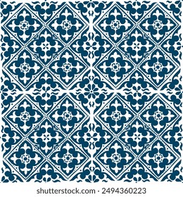 Vector seamless pattern of hand-painted traditional illustrations and blue Mediterranean tiles on a white background. This design can be used for such as printing and would look great as a backdrop.