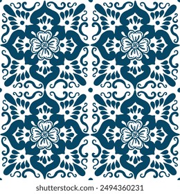 Vector seamless pattern of hand-painted traditional illustrations with blue Mediterranean tiles on a white background. This design can be used for such as printing and would look great as a backdrop.