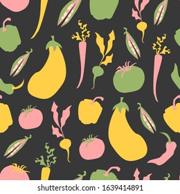 Vector seamless pattern with handraw vegetables on the dark background. Cabbage, peppers, tomatoes, carrots and bean. Colorful cartoon style. For textile design, kitchen, menu, wallpaper, flat.
