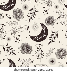 Vector seamless pattern of hands, constellations, herbs, phases of moon and stars. Mystical esoteric trendy background for design of fabric, packaging, phone case, astrology.