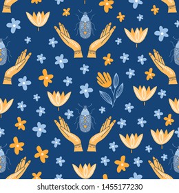 Vector seamless pattern with hands, flowers, insects on dark background. Scandinavian and Folk art style