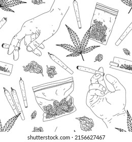 Vector seamless pattern with hands holding a cigarettes, bags with buds and cannabis leaves. Marijuana joint in a hand isolated on white background.