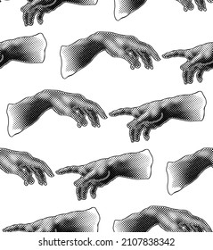 Vector seamless pattern of hands reaching in black and white dot halftone pop art style on a white background.