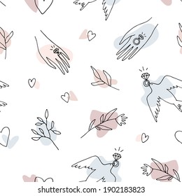 Vector seamless pattern with hands, ring, heart, bird, plants. Hand drawn linear illustration. Repeat ornament is perfect for valentine, engagement, betrothal, marriage, wedding banner, fabric textile