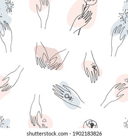 Vector seamless pattern with hands, ring, heart, stars. Hand drawn linear illustration. Repeat ornament is perfect for valentine, engagement, betrothal, marriage, wedding banner, fabric textile