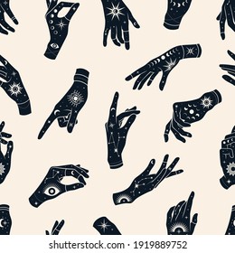 Vector seamless pattern of hands with signs magic eyes, constellations,  sun, phases of moon and stars. Mystical esoteric trendy background for design of fabric, packaging, phone case, astrology.