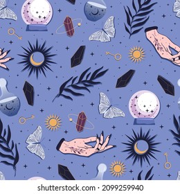 Vector seamless pattern of hands with signs magic sun and stars. Mystical esoteric trendy background for design of fabric, packaging, phone case, astrology.