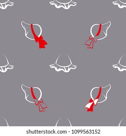 Vector seamless pattern from the hands of white with red contour of female hats on a gray background