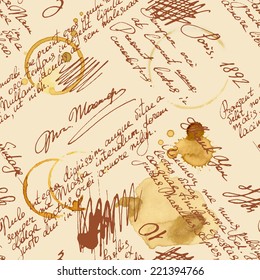 Vector seamless pattern with handwriting text and words in vintage style. Text unreadable. Spilled coffee. Smudges on the paper. Grunge background. 