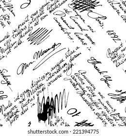 Vector seamless pattern with handwriting text and words in vintage style. Text unreadable. Spilled coffee. Smudges on the paper. Grunge background. 