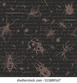 Vector seamless pattern with handwriting text with bugs in vintage style. Text unreadable. #8