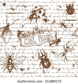 Vector seamless pattern with handwriting text with bugs in vintage style. Text unreadable. #7