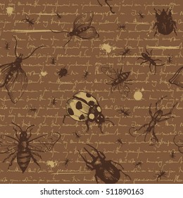 Vector seamless pattern with handwriting text with bugs in vintage style. Text unreadable. # 11