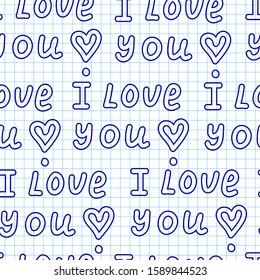 Vector seamless pattern with handwritings on a grid copybook paper, saying "I love you"