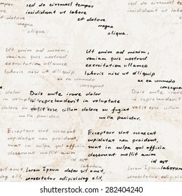Vector seamless pattern with a hand-written Latin text on the old dirty paper. Lorem Ipsum