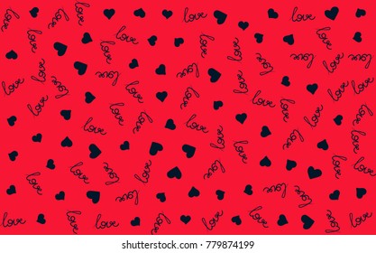 Vector seamless pattern with handwritten Love word and hearts. Romantic design, perfect for Valentine s day prints and patterns