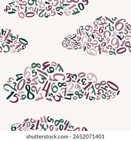 Vetor padrão sem emenda de números multicoloridos manuscritos formando nuvens fofas suaves em branco, perfeito para a decoração de cama e berçário