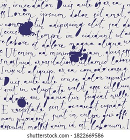 Vector seamless pattern with handwritten text and ink blobs on the old paper background in retro style. Lorem Ipsum. Suitable for wallpaper, wrapping paper, fabric or textile