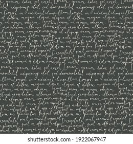 Vector seamless pattern with handwritten text Lorem Ipsum on a black background in retro style. Abstract old manuscript. Suitable for wallpaper, wrapping paper, textiles, fabric, backdrop