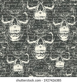 Vector seamless pattern with handwritten text Lorem Ipsum on a background with ominous human skulls in retro style. Suitable for wallpaper, wrapping paper, textiles, fabric, backdrop, halloween design