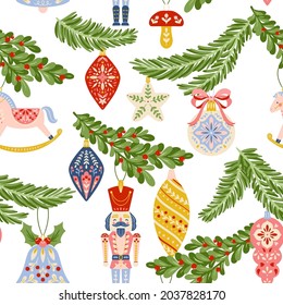 Vector Seamless Pattern of Hanging Christmas Ornaments on a Christmas Tree Branches on a White Background