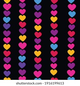 Vector seamless pattern with hanging heart garlands. Colorful hearts in vintage retro color on black background.
