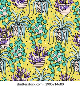 Vector seamless pattern with hanging houseplants pots Cozy house with indoor flowers 