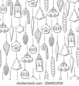 Vector seamless pattern with Hanging outline toys, balls, decorations for xmas tree, in doodle style. Christmas and New Year backgrounds and textures