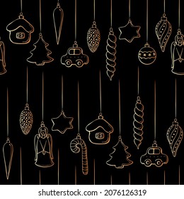Vector seamless pattern with Hanging outline toys, balls, decorations for xmas tree, in doodle style. Christmas and New Year backgrounds and textures