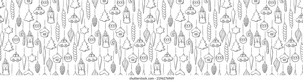 Vector seamless pattern with Hanging outline toys, balls, decorations for xmas tree, in doodle style. Christmas and New Year backgrounds and textures