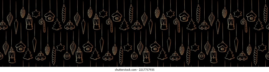 Vector seamless pattern with Hanging outline toys, balls, decorations for xmas tree, in doodle style. Christmas and New Year backgrounds and textures