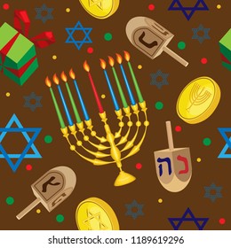 Vector seamless pattern. For the Hanukkah festival. Holiday attributes. Brown background