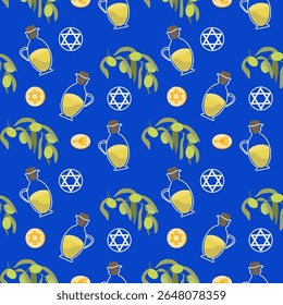Padrão de vetor sem emenda para Hanukkah com jarro de azeite, Estrela de David, ramos de azeitona e símbolos tradicionais. Perfeito para design festivo, papel de embrulho e temas judaicos.