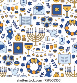 Vector seamless pattern with  Hanukkah symbols, in trendy linear style. Holiday background, wrapping paper