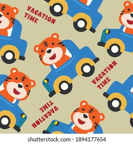 Vector seamless pattern with Happy Animal travels by car. Cartoon, Creative vector childish background for fabric, textile, nursery wallpaper, poster, brochure. Vector illustration background