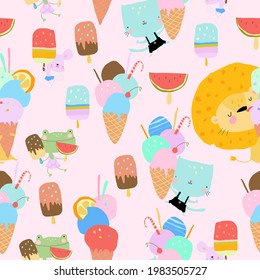 Vector Seamless Pattern with Happy Animals eating Ice Cream