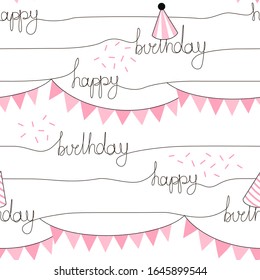 Vector seamless pattern with Happy Birthday handwritten inscription and flag garland confetti and cone hat. Hand drawn party lettering backdrop. One line calligraphic stripy background.