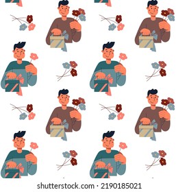 Vector seamless pattern with a happy cartoon young men with a gift and flowers. Congrats wallpaper with a modern cute guy.