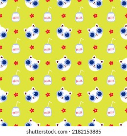 Vector seamless pattern with happy cat, milk shake, flower. Summer bright colorful childish background. Flat. Design for kids fabric,cover,wrapping paper,cards.
